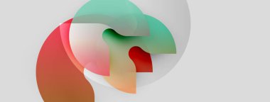 Soyut şekiller örtüşür, yumuşak renk karışımları yaratır. Kırmızı, turuncu, yeşil renkler tarafsız arkaplanda baskın. Minimalist tasarım.