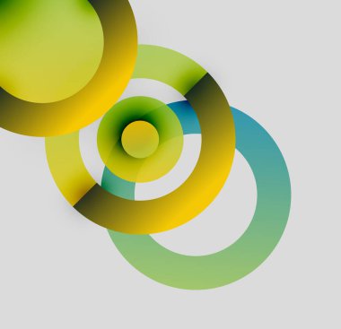 Üst üste binen renkli daireler içeren soyut bir kompozisyon. Gradyan gölgeler derinlik yaratır, modern estetik. Minimalist tasarım, yumuşak renkler.