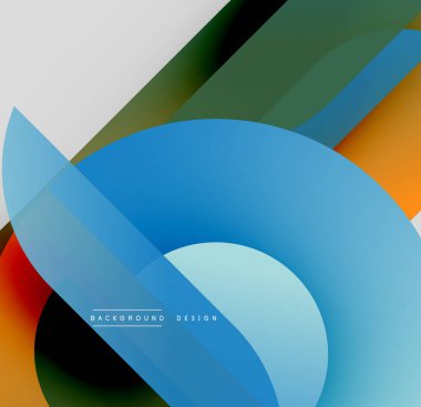 Soyut geometrik şekiller çakışıyor. Mavi egemen, turuncu, kırmızı, yeşil, beyaz aksanlı. Modern tasarım elementleri dinamik bileşim oluşturur.