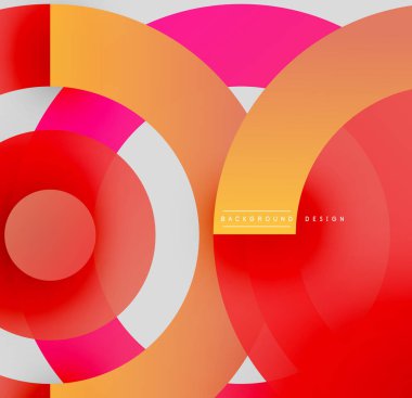 Soyut çemberler çakışıyor, canlı gradyanlar yaratıyor. Kırmızı, turuncu, pembe, beyaz baskın kompozisyon. Modern tasarım ögesi.