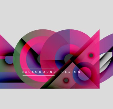 Soyut kompozisyon. Üst üste binen daireler, üçgenler dinamik görsel efekt yaratır. Gradyan renkler, modern tasarım elementleri.