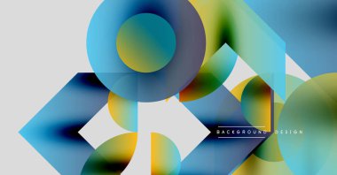 Soyut geometrik şekiller örtüşüyor, canlı renk eğimleri yaratıyor. Modern tasarım mavi, sarı ve yeşil renklere sahiptir. Minimalist kompozisyon.