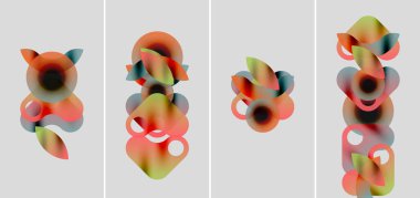 Soyut renkli şekiller örtüşür, dinamik kompozisyonlar oluşturur. Yumuşak eğimler renkleri karıştırır, sıvı formlar oluşturur. Minimalist sunum, dört panel.