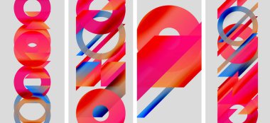 Soyut sanat eserlerinde üst üste binen renkli daireler, dikdörtgenler var. Modern tasarım, canlı renkler, geometrik şekiller kompozisyona hakim..