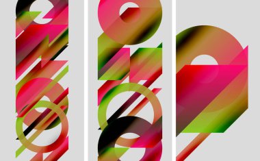 Soyut sanat eserleri. Üç panelde üst üste binen şekiller, canlı renkler ve gradyanlar var. Modern tasarım, geometrik desenler kompozisyona hakim..