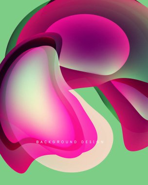 Soyut sıvı şekilleri örtüşür ve canlı renk değişimleri yaratır. Yumuşak pembeler, morlar, sarılar açık yeşil arkaplan ile harmanlanır. Modern tasarım ögesi.