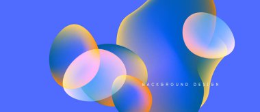 Soyut sıvı şekilleri örtüşür, canlı renk karışımları yaratır. Mavi, turuncu ve pembe renklerle arka plana hükmediyor. Modern tasarım ögesi.