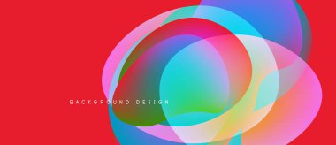 Canlı örtüşen daireler soyut tasarım yaratır. Kırmızı zemin güçlü bir kontrast sağlar, modern estetik. Akışkan şekiller hareketi, enerjiyi akla getiriyor..