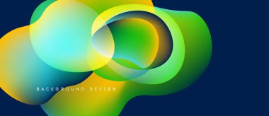 Soyut sıvı şekilleri örtüşür, canlı gradyanlar yaratır. Renkler harmanlanmış, yeşil, turkuaz, koyu mavi arka plan. Modern tasarım ögesi.