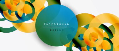 Soyut daireler örtüşüyor, canlı renk eğimleri yaratıyor. Modern tasarım beyaz zemin üzerinde sarı, yeşil, mavi renkler içerir.