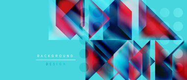 Soyut geometrik şekiller örtüşüyor, canlı renk eğimleri yaratıyor. Turkuaz arka plan kırmızı, mavi renkleri tamamlıyor. Modern tasarım ögesi.