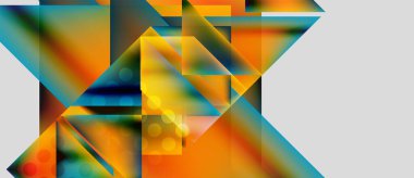 Soyut geometrik bileşim. Üst üste binen üçgenler, daireler canlı renkli dizaynlar yaratıyor. Modern dijital sanat eserleri.