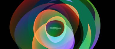 Abstract colorful layers create dynamic circular design. Gradient hues blend, forming modern background element. Minimalist text present.