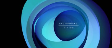 Soyut mavi katmanlar dairesel tasarım yaratır. Derece gölgeleri derinliği, modern estetiği gösteriyor. Metin arkaplan tasarımı okur.