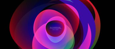 Abstract vibrant layers create dynamic circular design. Colors blend, forming modern background. Text reads background design.