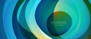 Soyut katmanlar dinamik görsel efekt yaratır. Mavi, yeşil, sarı renkler kusursuz bir şekilde harmanlanarak dairesel desenler oluşturuyor. Modern tasarım ögesi.