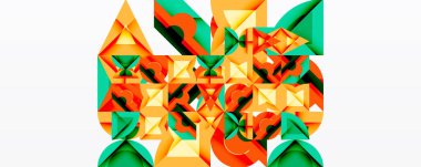 Abstract geometric composition. Orange, green, yellow shapes interlock creating complex pattern. Modern digital artwork.