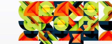 Abstract geometric composition. Shapes overlap, creating dynamic visual texture. Colors include orange, green, yellow, navy.