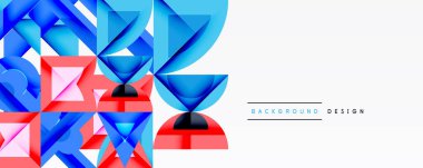 Abstract geometric shapes, vibrant blues, pinks create modern background. Clean white space offers contrast, simple text label present.