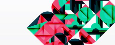 Abstract geometric shapes, pinks, greens, blacks form dynamic composition. Modern design, clean lines, minimalist aesthetic.