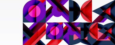 Abstract geometric pattern. Bold shapes, vibrant colors create dynamic composition. Purple, red, navy dominate design. Modern aesthetic.