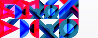 Abstract geometric composition. Bold colors, triangles, circles create dynamic pattern. Modern design, vibrant, clean aesthetic.