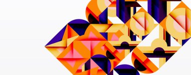 Abstract geometric composition. Orange, purple, yellow shapes overlap creating dynamic visual texture. Modern design element.