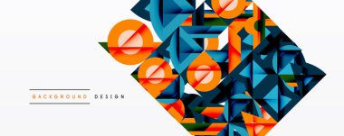 Abstract geometric design. Blue, orange, black shapes overlap creating dynamic composition. Minimalist style, modern aesthetic.