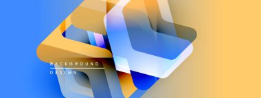 Soyut geometrik şekiller örtüşür, parlak mavi ve sarı renkler yaratır. Modern tasarım elementleri yenilik ve teknoloji odaklanma öneriyor.