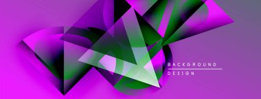 Soyut geometrik şekiller örtüşüyor, canlı mor ve yeşil renkler yaratıyor. Modern tasarım elementleri dinamik hareket, derinlik.