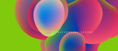 Abstract colorful circles overlap vibrant green backdrop. Modern design elements create dynamic visual experience. Smooth gradients enhance composition.