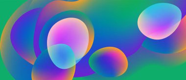 Soyut renkli kabarcıklar çakışıyor ve canlı gradyanlar yaratıyor. Teal arkaplanı moru tamamlar, mavi renkleri. Düz geçişler şekilleri tanımlar.