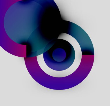 Soyut tasarım özellikleri üst üste binen daireler, gradyanlar. Mor, mavi, beyaz renkler dinamik görsel efekt yaratır. Minimalist kompozisyon.