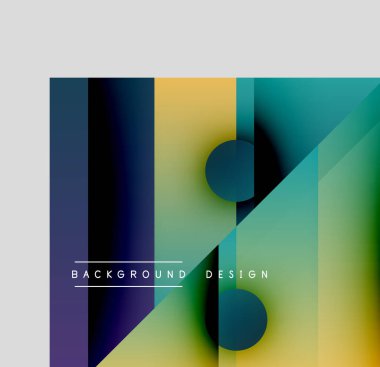 Soyut geometrik tasarım. Renkler karışıyor, dinamik görsel efekt yaratıyor. Daireler açılı düzlemlerle kesişir. Modern estetik.