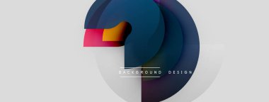 Soyut şekiller örtüşür, dinamik bileşim yaratır. Mavi, mor, kırmızı renkler nötr arkaplana hakim. Modern tasarım ögesi.