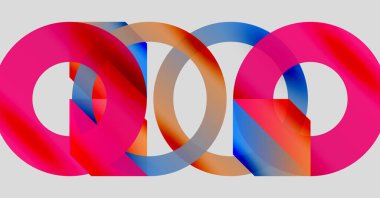 Interlocking colorful rings create abstract design. Gradient shades blend, forming dynamic visual composition. Modern, vibrant, geometric pattern.