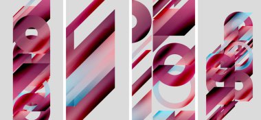 Abstract geometric composition. Rectangular panels display layered shapes, gradients, pinks, blues, whites. Modern design, minimalist aesthetic.