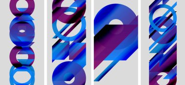 Soyut geometrik çizimler. Dört panel üst üste binen daireler, çizgiler, şekiller gösteriyor. Mavi, mor renkler kompozisyona hakim. Modern tasarım.
