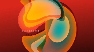 Abstract fluid shapes overlap, creating vibrant orange, teal gradients. Dark background emphasizes flowing design elements. Modern, dynamic composition.
