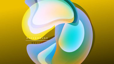 Soyut sıvı şekilleri örtüşür ve canlı renk değişimleri yaratır. Sarı arkaplan yarı saydam biçimlerle çelişiyor. Modern tasarım ögesi.