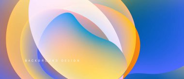 Abstract fluid shapes overlap, creating vibrant color gradients. Design features yellow, blue, orange hues. Modern aesthetic.