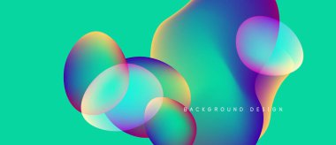 Abstract fluid shapes overlap, vibrant colors blend. Turquoise background complements purple, yellow hues. Modern design element.