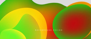 Abstract fluid shapes overlap, creating vibrant gradients. Yellow, orange, red, green hues blend seamlessly. Modern design element.