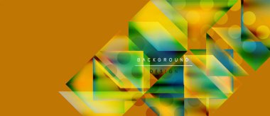 Abstract geometric shapes overlap, creating vibrant color gradients. Orange background complements green, yellow hues. Modern design element.