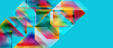 Soyut kompozisyon. Canlı geometrik şekiller çakışıyor, renkli desenler yaratıyor. Turkuaz arka plan görsel karmaşıklığı arttırır.