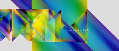 Soyut geometrik şekiller, canlı renklerin karışımı. Modern tasarım gradientleri, üçgenleri, daireleri içerir. Arkaplan dijital sanat yaratılmasını öneriyor.