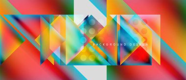 Abstract geometric shapes, vibrant colors, modern design. Overlapping triangles, squares create dynamic visual effect. Background features gradients, circles.