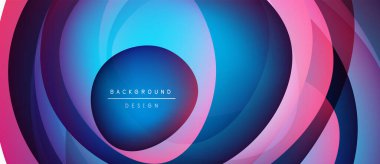 Soyut dairesel katmanlar canlı, akışkan bir tasarım yaratıyor. Mavi, pembe, mor renkler kusursuz bir şekilde harmanlanır. Modern arkaplan ögesi.