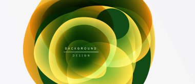 Abstract layers create dynamic circular design. Green, yellow, orange hues blend, forming modern background element. Text reads background design.