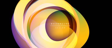 Abstract circular layers, vibrant yellow hues, purple accents. Modern design element, smooth gradients, central text display.